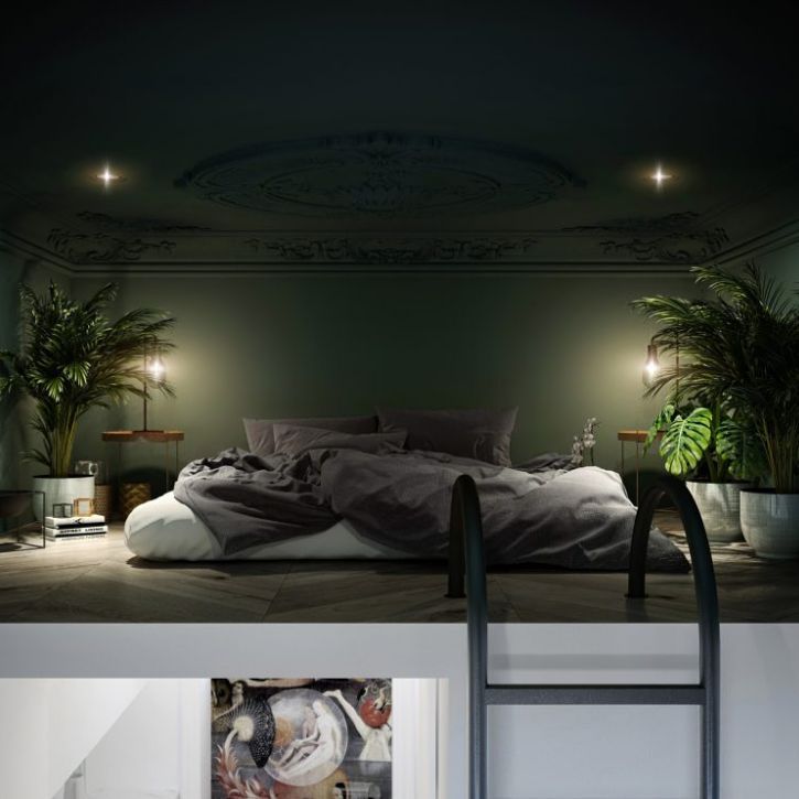 кровать спальня под потолком идея дизайна фото