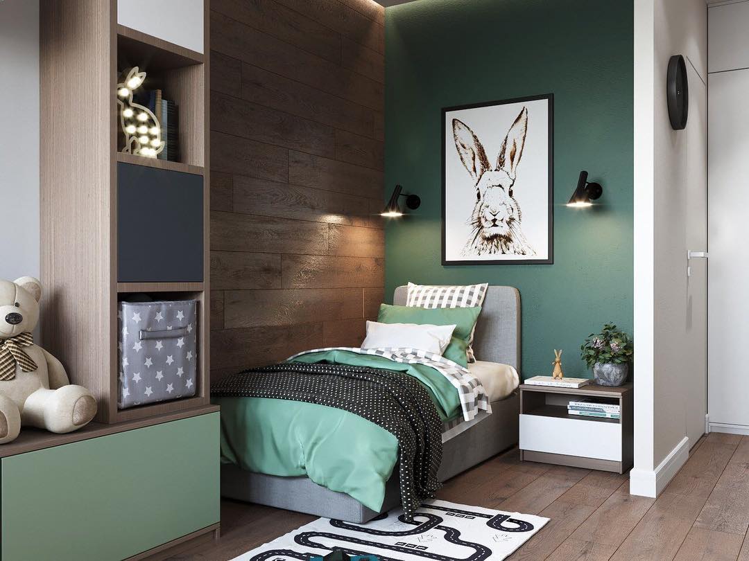 Деревянный пол в зеленой спальне