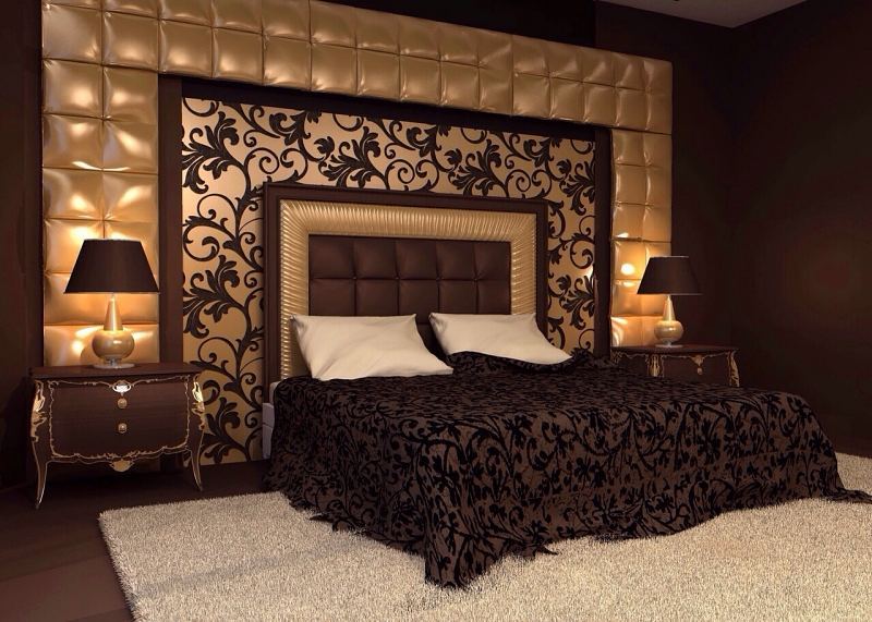 Оттенки золотого в коричневой спальне