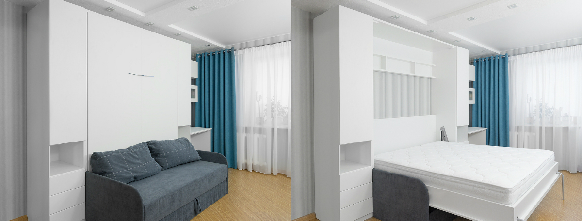 идея дизайн спальня кровать-шкаф для маленькой квартиры фото