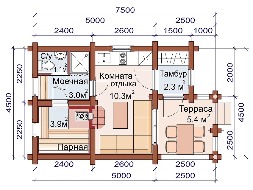 Планировка бани с предбанником и комнатой отдыха